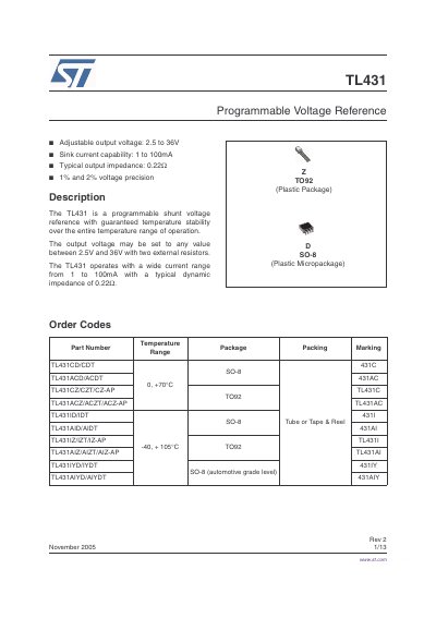STMicroelectronics TL431 Datasheet - cover page