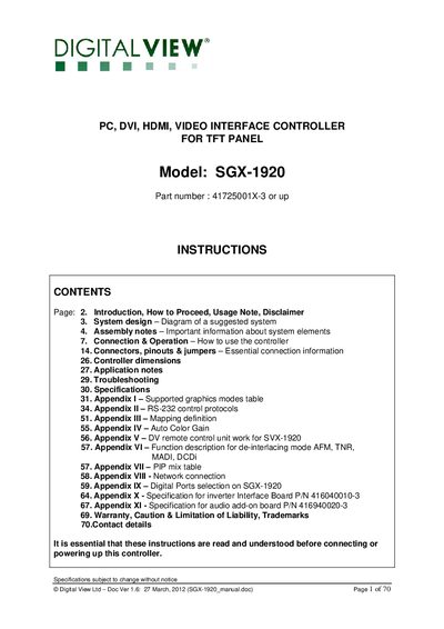 DIGITALVIEW PC DVI HDMI VIDEO INTERFACE CONTROLLER FOR TFT PANEL Model: SGX-1920 Part number : 41725001X-3 or up INSTRUCTIONS  - cover page