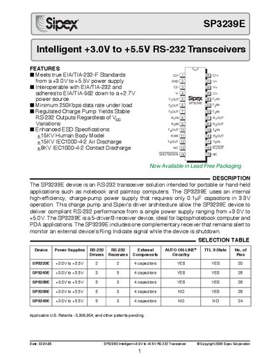 Sipex SP3239E Intelligent 3.0V to 5.5V RS-232 Transceiver Datasheet - cover page