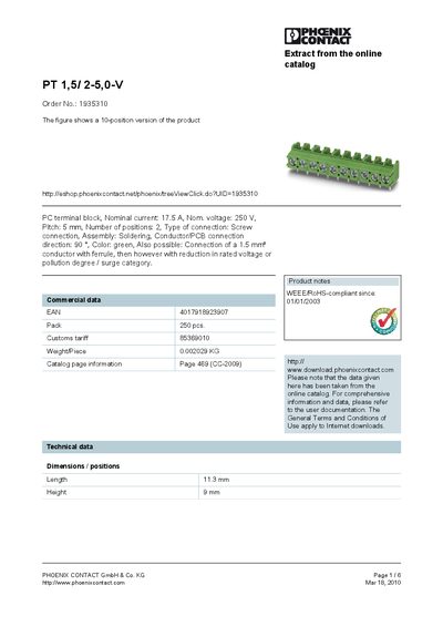 Phoenix Contact PT 1,5/2-5,0-V Datasheet - cover page