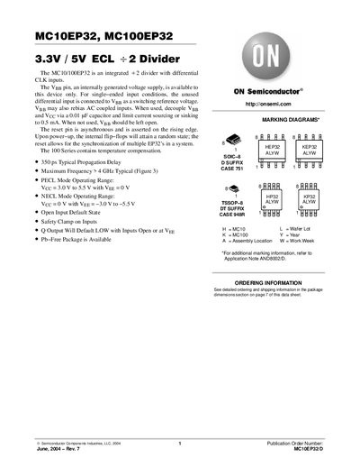 ON Semiconductor MC10EP32/MC100EP32 Data Sheet - cover page
