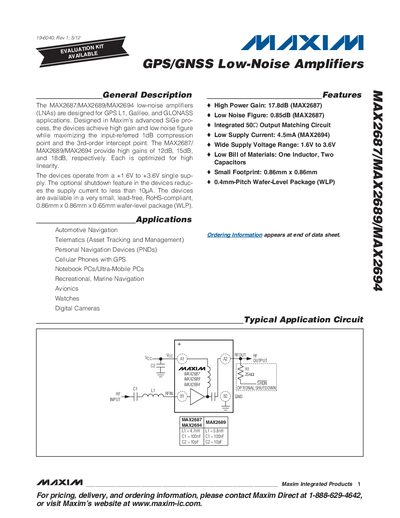 Maxim MAX2687/MAX2689/MAX2694 GPS/GNSS Low-Noise Amplifier Datasheet - cover page