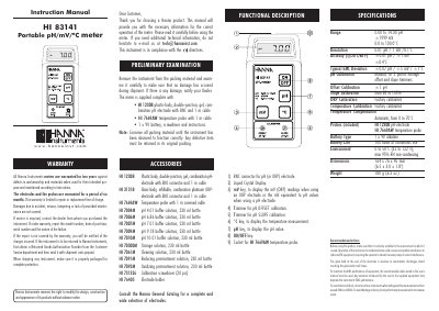 Hanna Instruments HI 83141 Portable pH/mV/ºC Meter Instruction Manual - cover page