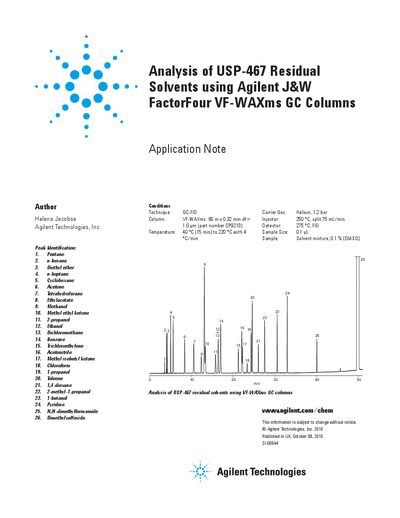 Agilent J&W FactorFour VF-WAXms GC Columns Application Note for USP-467 Residual Solvents Analysis - cover page