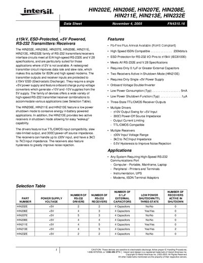 Intersil HIN202E/HIN206E/HIN207E/HIN208E/HIN211E/HIN213E/HIN232E Datasheet