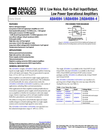 Analog Devices ADA4084 Series Low‑Noise Rail‑to‑Rail Input/Output Low‑Power Operational Amplifier Datasheet - cover page
