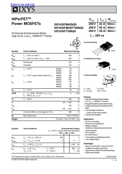 IXYS IXFH/IXFM42N20 IXFH/IXFM/IXFT50N20 IXFH/IXFT58N20 handbook