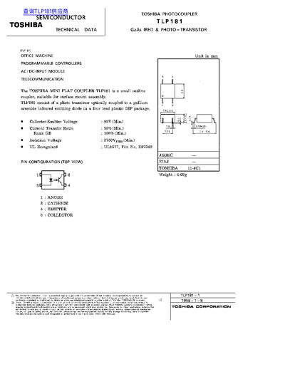 Toshiba TLP181 Photocoupler Datasheet - cover page