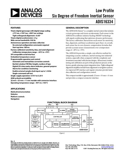 Analog Devices ADIS16334 Inertial Sensor Datasheet - cover page