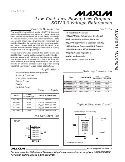 MAXIM MAX6001 MAX6005 Low-Cost Low-Power Low-Dropout SOT23-3 Voltage References handbook - cover page
