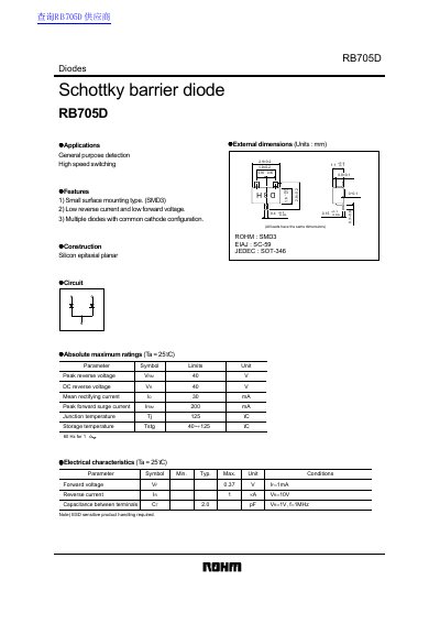 ROHM RB705D Schottky Barrier Diode Datasheet - cover page