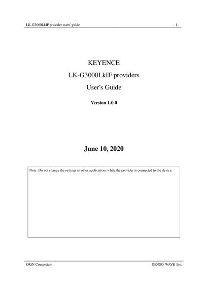 Keyence LK-G3000 Provider User's Guide - cover page