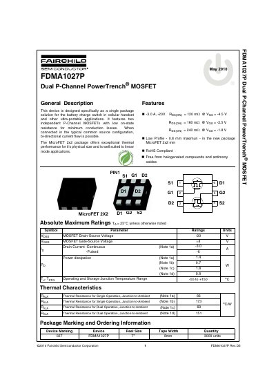 Fairchild Semiconductor FDMA1027P Dual P-Channel MOSFET Datasheet