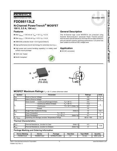 Fairchild Semiconductor FDD86113LZ N-Channel MOSFET Datasheet - cover page