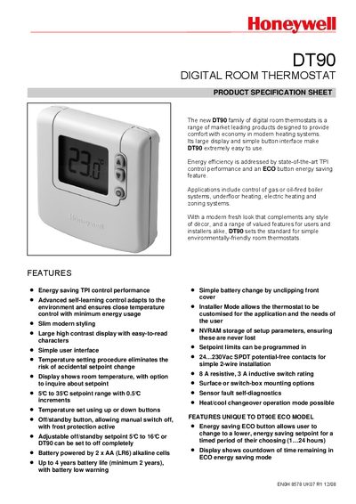 Honeywell DT90 Digital Room Thermostat User Manual - cover page