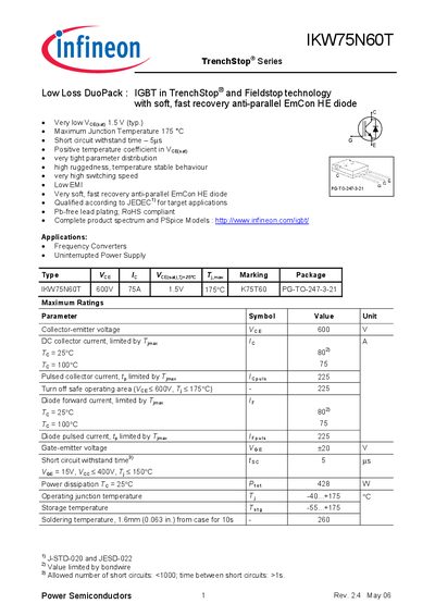 Infineon IKW75N60T TrenchStop Series Datasheet - cover page