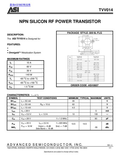 ASI TVV014 NPN Silicon RF Power Transistor Datasheet