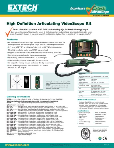 EXTECH HDV640 High Definition Articulating VideoScope Product Datasheet - cover page