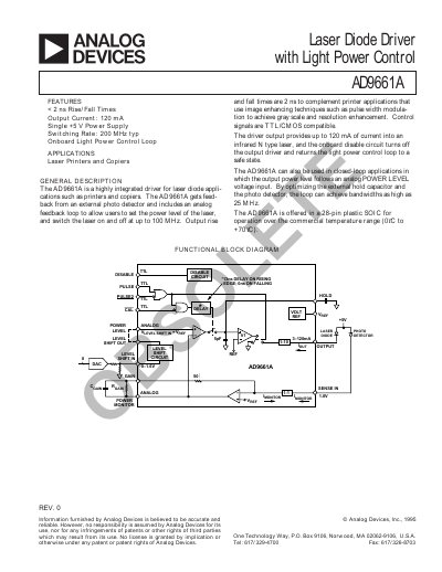 Analog Devices AD9661A Laser Diode Driver with Light Power Control Datasheet - cover page