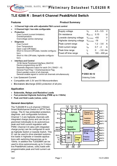 Infineon TLE6288 R Smart 6‑Channel Peak‑Hold Switch Datasheet
