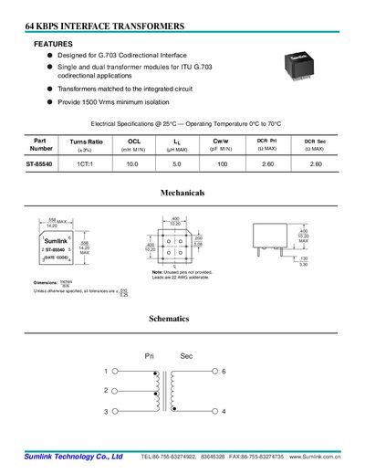 Sumlink Technology ST-85540 64 Kbps Interface Transformer Datasheet - cover page