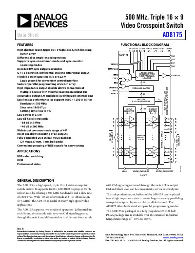 Analog Devices AD8175 Video Crosspoint Switch Datasheet - cover page