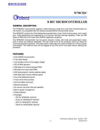 Winbond W78C52C 8-Bit Microcontroller Datasheet - cover page