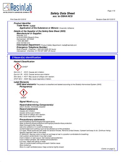 Resinlab TL5022 Anaerobic Adhesive Safety Data Sheet - cover page