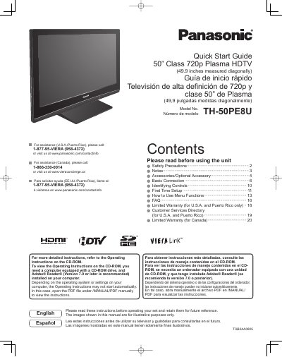 Panasonic TH-50PE8U Plasma HDTV Quick Start Guide - cover page