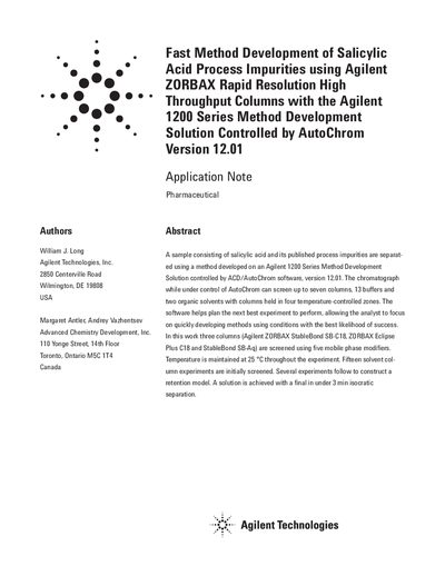 Agilent 1200 Series Fast Method Development of Salicylic Acid Process Impurities Application Note - cover page