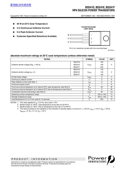 Power Innovations BD241D/BD241E/BD241F NPN Silicon Power Transistors Datasheet - cover page