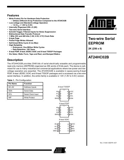 Atmel AT24HC02B 2K Serial EEPROM Datasheet - cover page