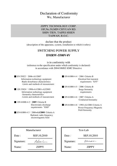 Zippy DMRW-5500V4V Switching Power Supply Datasheet - cover page