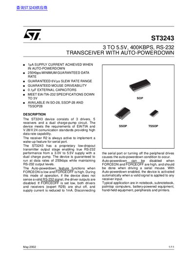 ST ST3243 3 TO 5.5V 400KBPS RS-232 TRANSCEIVER WITH AUTO-POWERDOWN handbook