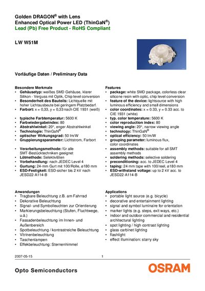 OSRAM LW W51M Golden Dragon LED Datasheet - cover page