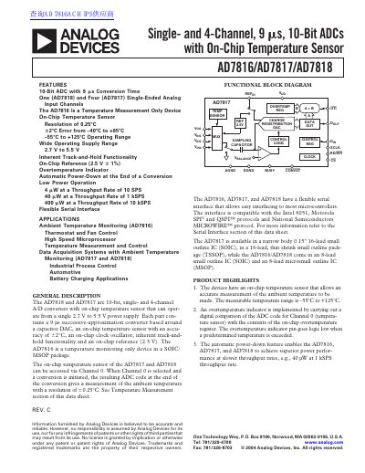 Analog Devices AD7816/AD7817/AD7818 10-Bit ADC Datasheet