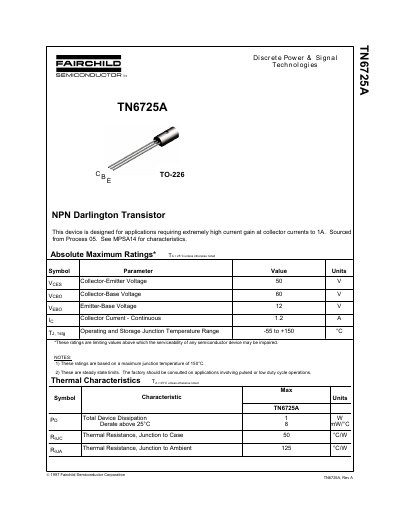 Fairchild Semiconductor TN6725A NPN Darlington Transistor Datasheet - cover page