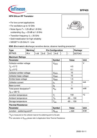 Infineon BFP405 NPN RF Transistor Datasheet - cover page