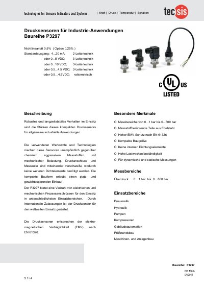 Tecsis P3297 Pressure Sensor Product Data Sheet - cover page