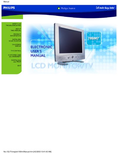 Philips 180MT 18-inch LCD Monitor/TV User Manual - cover page