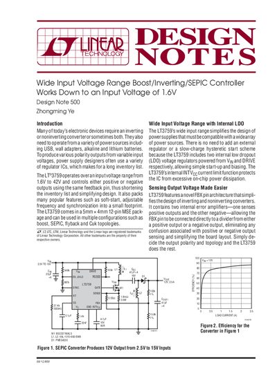Linear Technology LT3759 Wide Input Voltage Range Boost/Inverting/SEPIC Controller Design Note 500 - cover page