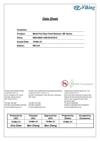 Viking Tech MF Series Metal Foil Chip Fixed Resistor Datasheet - cover page