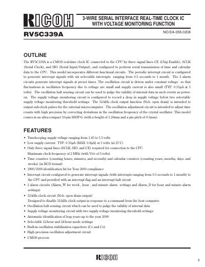 Ricoh RV5C339A Real-Time Clock IC Datasheet - cover page