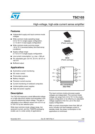 STMicroelectronics TSC103 High-Voltage Current Sense Amplifier Datasheet