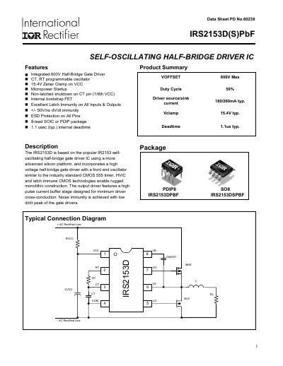 International Rectifier IRS2153D(S)PbF Self-Oscillating Half-Bridge Driver IC Datasheet - cover page