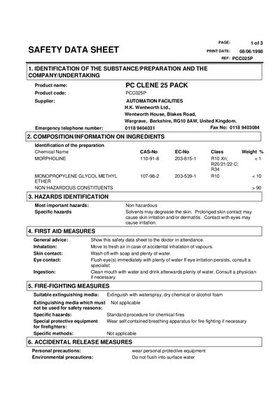 SAFETY DATA SHEET PRINT DATE: 08/06/1998 REF: PCC025P - cover page