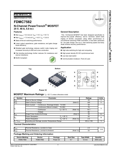 Fairchild FDMC7582 N-Channel PowerTrench MOSFET Datasheet - cover page