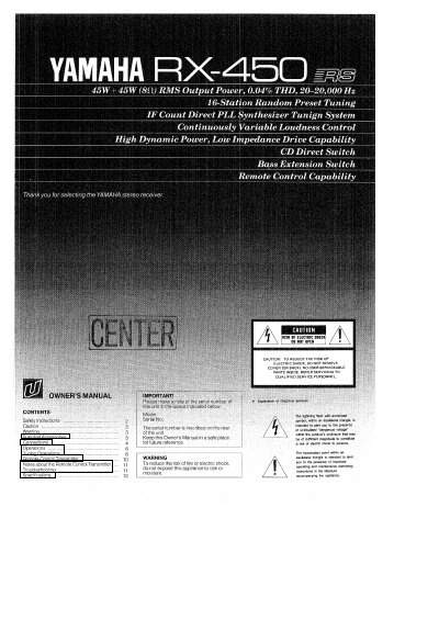 YAMAHA RX-450RS Natural Sound Stereo Receiver OWNER'S MANUAL - cover page
