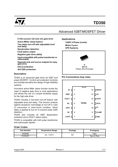 STMicroelectronics TD350 IGBT/MOSFET Driver Handbook - cover page
