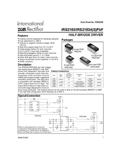 International Rectifier IRS2183/IRS21834 Half-Bridge Driver Datasheet - cover page